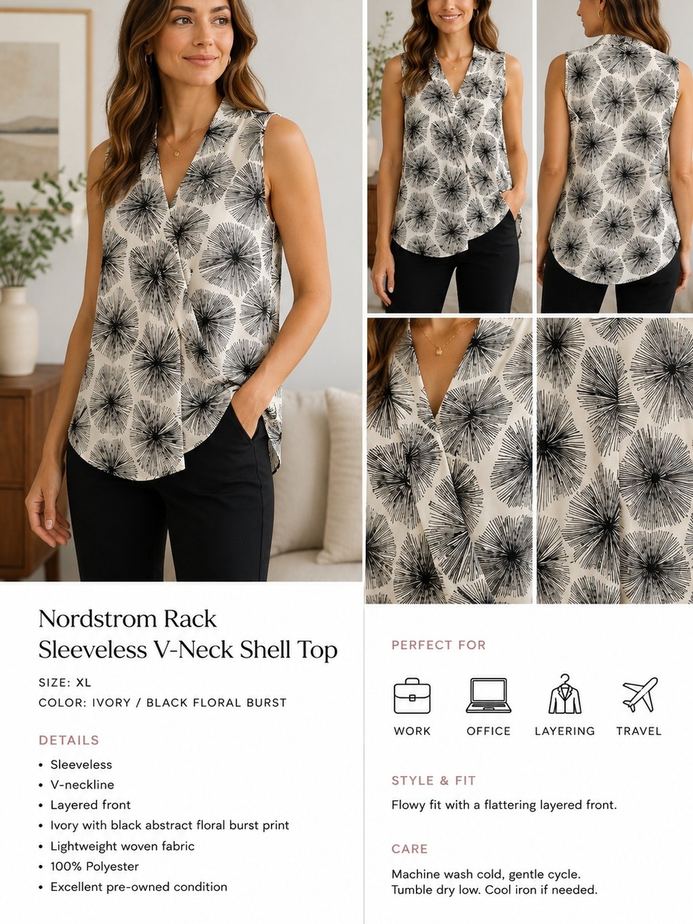 Nordstrom Rack Ivory Black Floral Burst Sleeveless V-Neck Shell Top XL